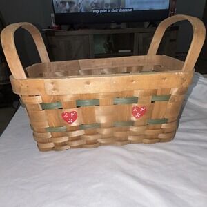Cottagecore Rectangular Wooden Basket with Handles, Heart Accents,  Green Red